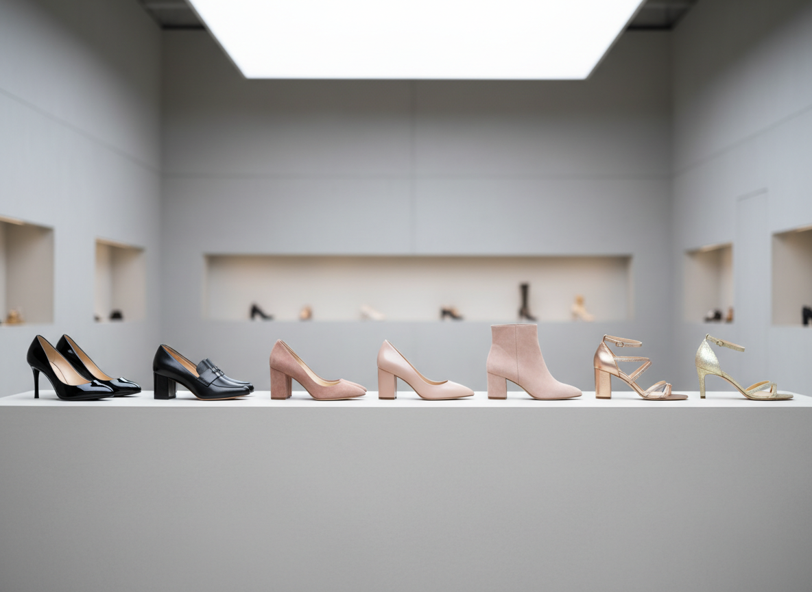 A meticulously arranged row of premium women’s shoes displayed on a sleek, matte-white pedestal, featuring a gradient from classic black leather pumps to soft blush suede heels and metallic gold strappy sandals. The background is an elegant, minimal showroom with pale grey walls and a faint hint of shelving in soft blur. Cool, diffused studio lighting from above and slightly to the side creates clean highlights on polished leather and subtle shadows beneath each shoe, emphasizing their silhouettes. Photographic realism, shot at eye level with a gentle shallow depth of field, conveys a professional, high-end brand atmosphere suitable for a global footwear supplier’s homepage hero image.