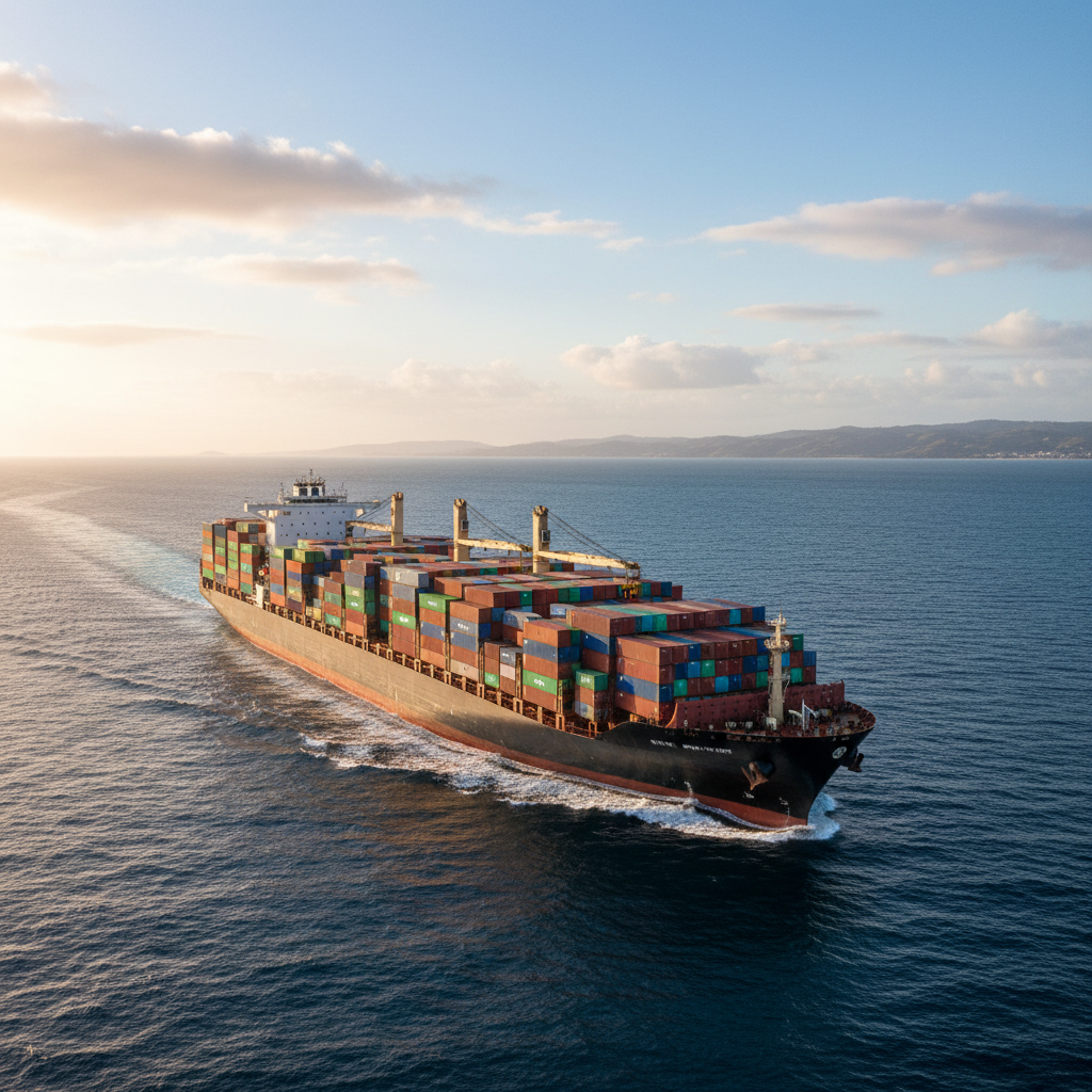 Large cargo ship loaded with colorful shipping containers sailing on the ocean at sunset.