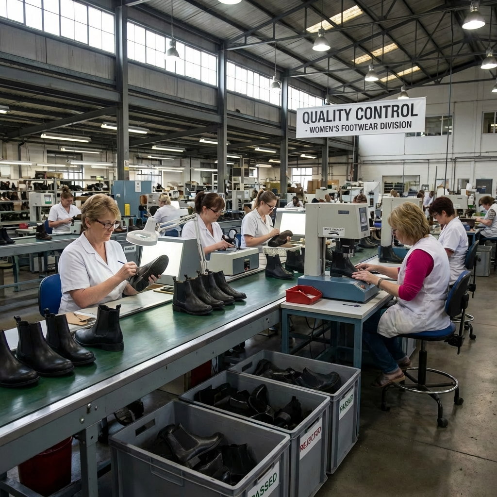 Workers inspecting black boots in the Quality Control - Women's Footwear Division of a factory.