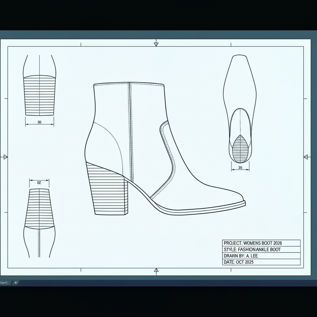 Technical blueprint for "WOMENS BOOT 2026", "STYLE: ELEGANT SHOE", showing profile and detail views with measurements.