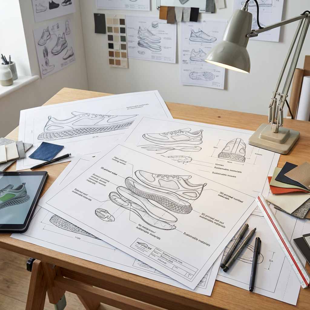 Detailed technical sneaker design blueprints and material swatches on a wooden architect's desk.